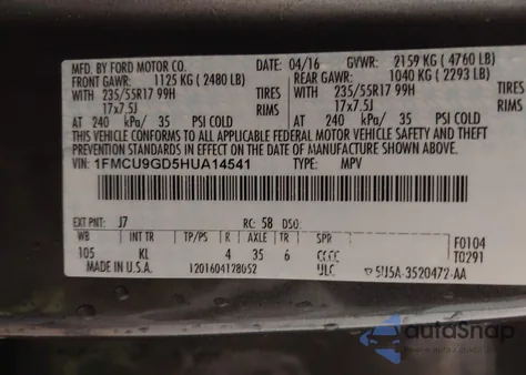 2017 Ford Escape Se из США, поврежденный, VIN 1FMCU9GD5HUA14541